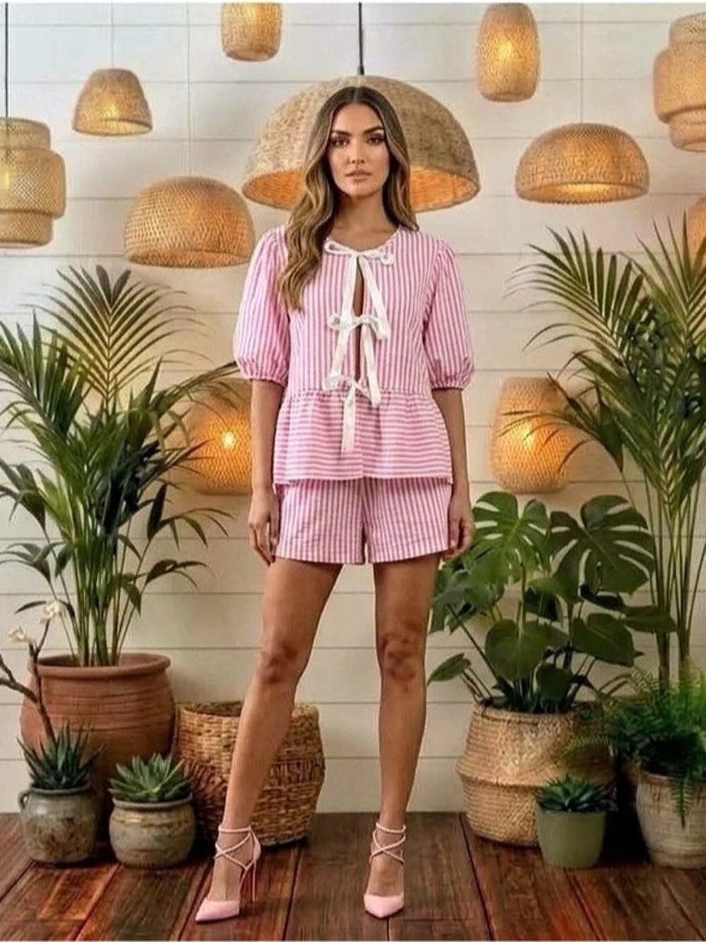Pink & White Striped 2 Piece Shorts Set